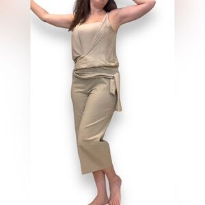 Saga summer jumpsuit, silk/viscose blend, faux wrap  oatmeal color, pull up, S